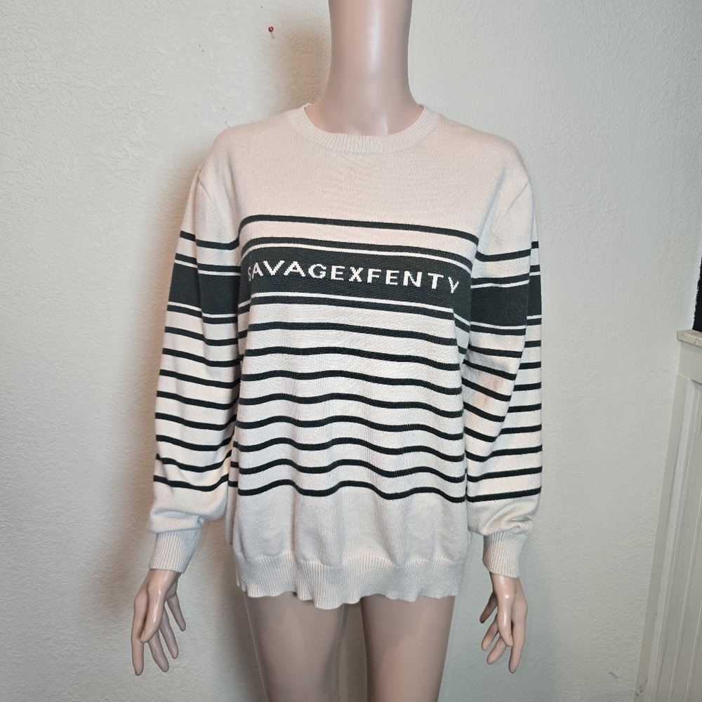Savage X Fenty Lit Leisure Knit Tan Shade Striped Sweater Size Large